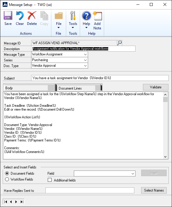 Microsoft Dynamics GP  >  Tools  >  Setup  >  Company  >  Workflow  >  Email Message Setup