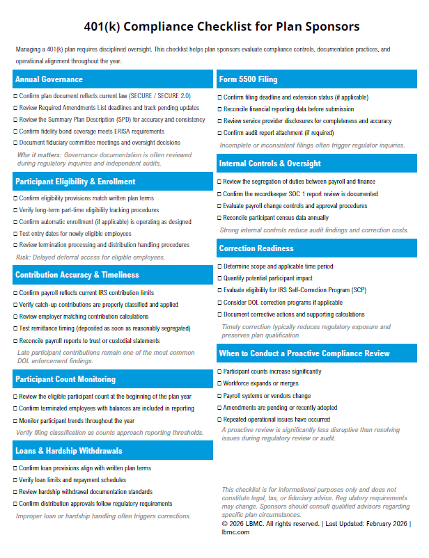 401(k) Compliance Checklist for Plan Sponsors